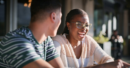 Education, laughing and smile with student friends on campus together for learning or study....