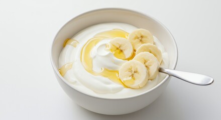 Yogurt with Sliced Bananas and Honey in White Bowl