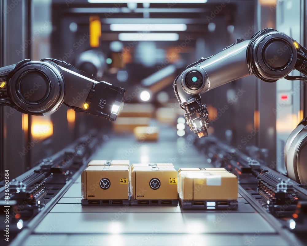 Poster two advanced robotic arms working efficiently in a high-tech warehouse, handling packages with preci