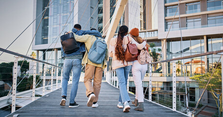 Back, college and friends with people and walking for education, learning and knowledge. University, academy and youth development with students on campus for scholarship, school and studying