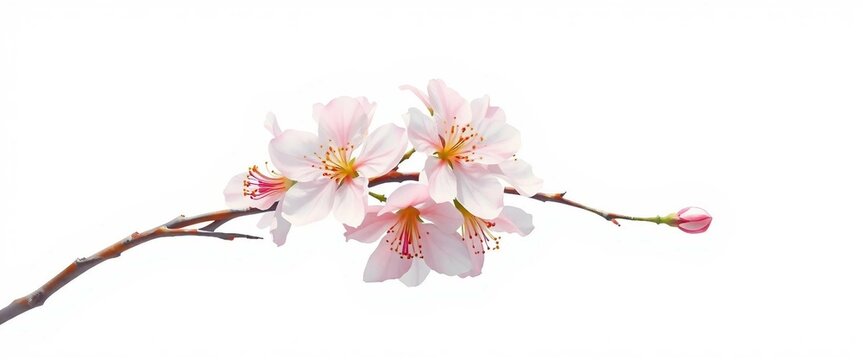 Zarte Kirschbl&uuml;ten auf einem Zweig vor wei&szlig;em Hintergrund, minimalistische Komposition, nat&uuml;rliche Eleganz.