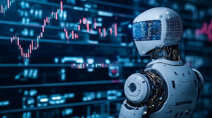 A robot looking at stock market data displayed on screens in a futuristic and technological setting