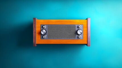 Obraz premium Vintage wooden radio on a vibrant turquoise background, showcasing retro design elements