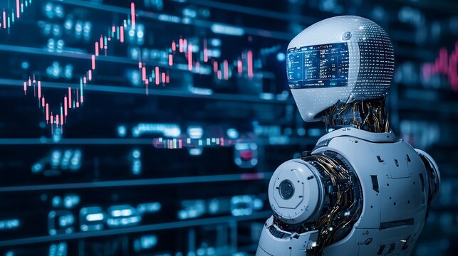 A robot looking at stock market data displayed on screens in a futuristic and technological setting