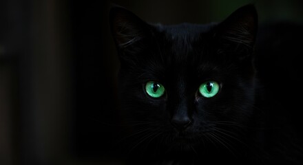 Black Cat with Glowing Green Eyes (Photo)