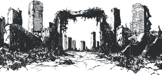 Black and white illustration of a post apocalyptic cityscape with ruined buildings overgrown by nature
