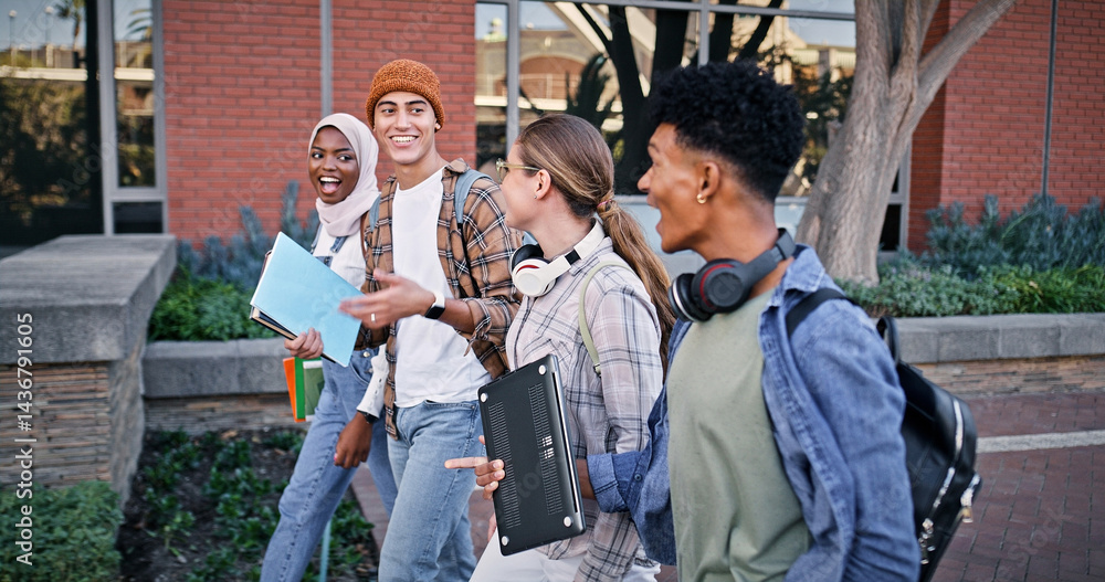 Poster friends, group and walking to college class, talking and share knowledge on module. people, learners
