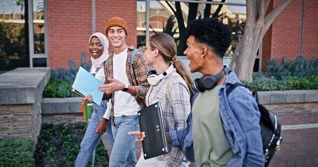 Friends, group and walking to college class, talking and share knowledge on module. People, learners and outside for social project discussion, speaking and together for trip to university lesson