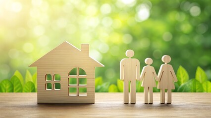 Family Home Dream: A heartwarming scene of a wooden home and family figures, symbolizing the dream of homeownership and family life, against a backdrop of vibrant greenery and sunlight.