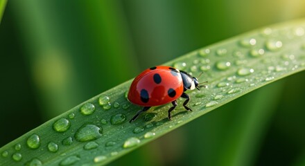 Fototapeta premium Ladybug on a wet leaf, photo