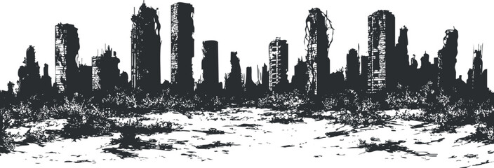 Black and white silhouette of a ruined postapocalyptic city skyline with destroyed buildings and barren foreground