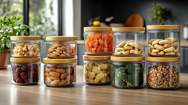 Glass storage jars filled with nuts, dried fruit, and vegetables - Powered by Adobe