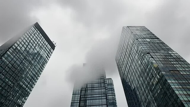 Skycrapers piercing the clouds in a misty city