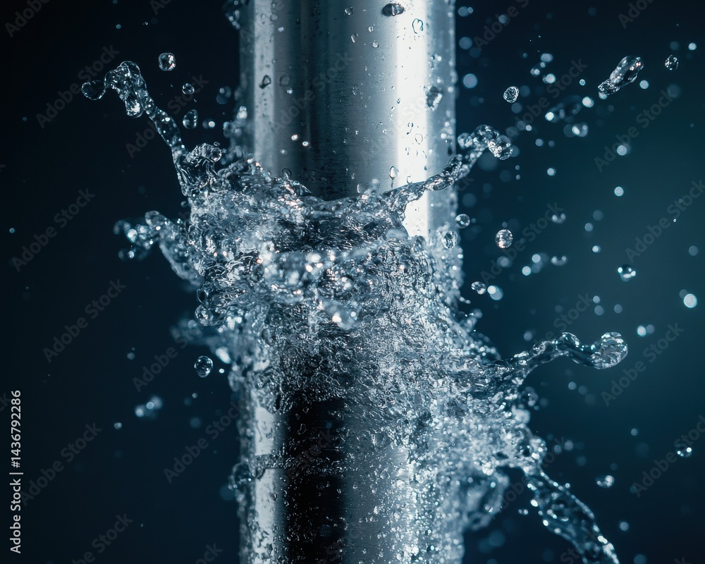 Poster cascading water splashes against a shiny metallic surface, creating a dynamic visual interplay of li