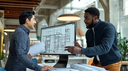 Two architects reviewing a building design on a computer screen in a modern office setting together