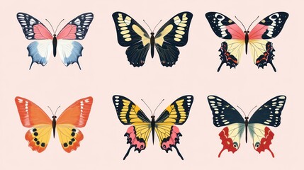 Six colorful butterflies, isolated on pink background, nature collection, graphic design