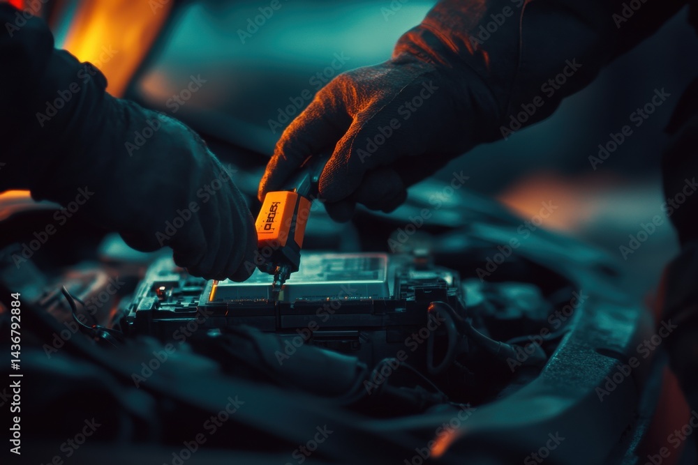 Poster hands of a mechanic working on a car battery with a test tool in a dimly lit workshop.