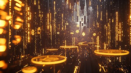 Abstract digital landscape with glowing golden platforms and falling binary code like rain effect