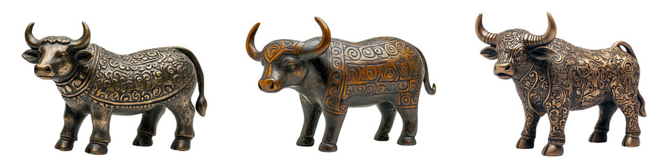 Obraz premium Three bronze bull figurines with ornate carvings and rustic finishes, adding a strong and decorative presence, isolated on a transparent background.