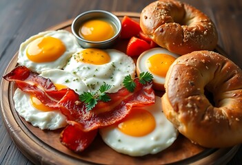 wooden plate topped with eggs, bacon, and bagels