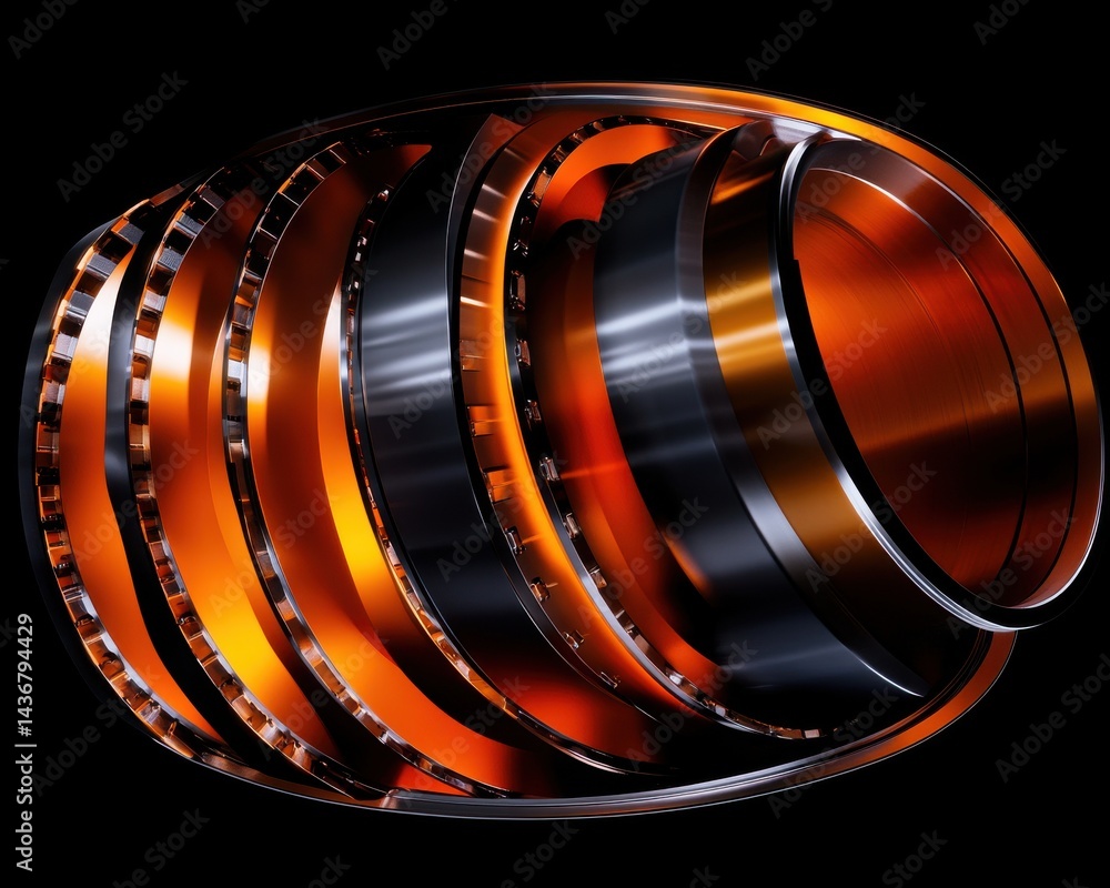Poster a striking close-up of an intricate mechanical component with shiny metallic layers and an orange hu