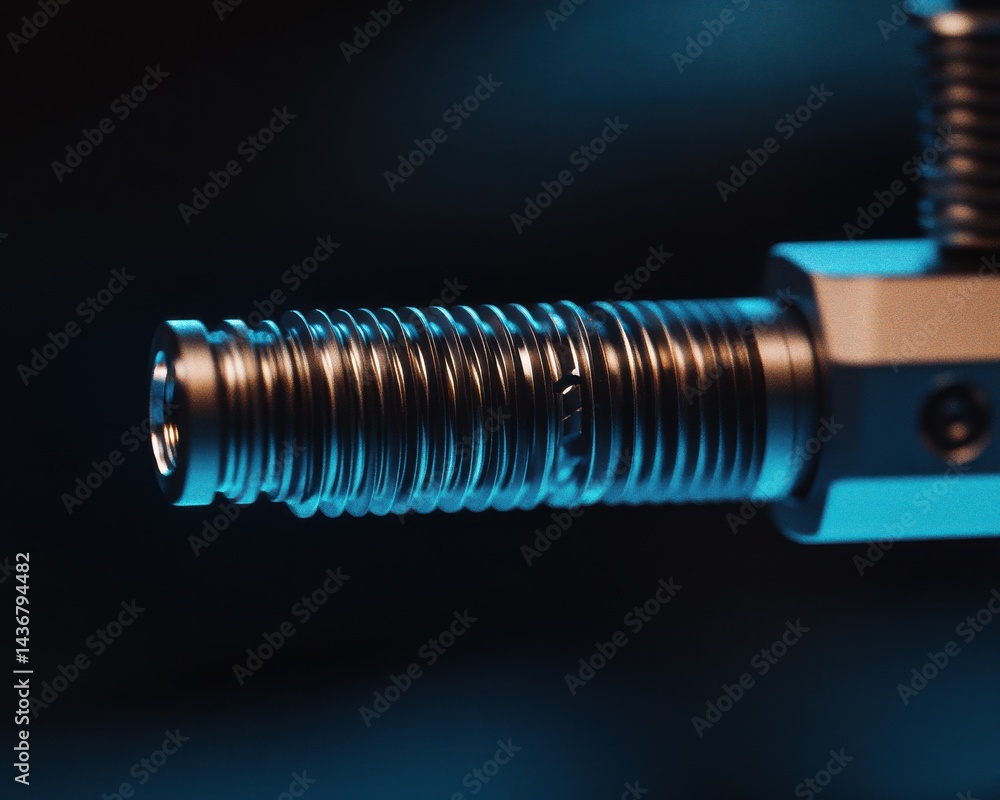 Poster close-up of a precision-engineered metallic component showcasing intricate details and textured groo