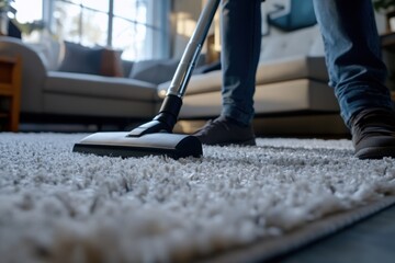 Fototapeta premium A person vacuuming a plush carpet in a cozy living room, creating a clean and inviting atmosphere.