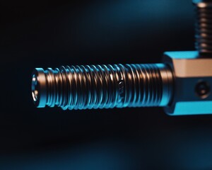 Close-up of a precision-engineered metallic component showcasing intricate details and textured grooves.
