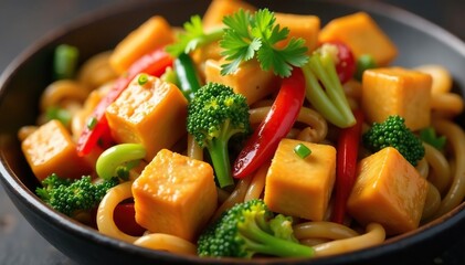 Close-up, variety of stir-fried vegetables and tofu, food, high resolution, studio