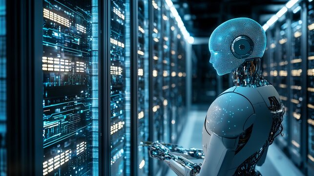 A humanoid robot stands in a server room looking at the servers with a futuristic design and blue lights