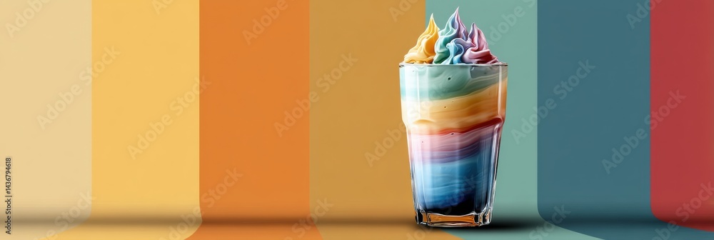 Poster colorful milkshake glass with vibrant whipped topping in a minimalistic style setting