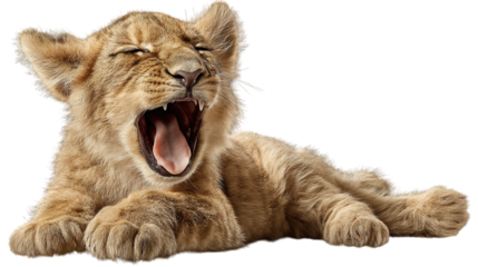 A baby lion cub yawning with its paws up, transparent background