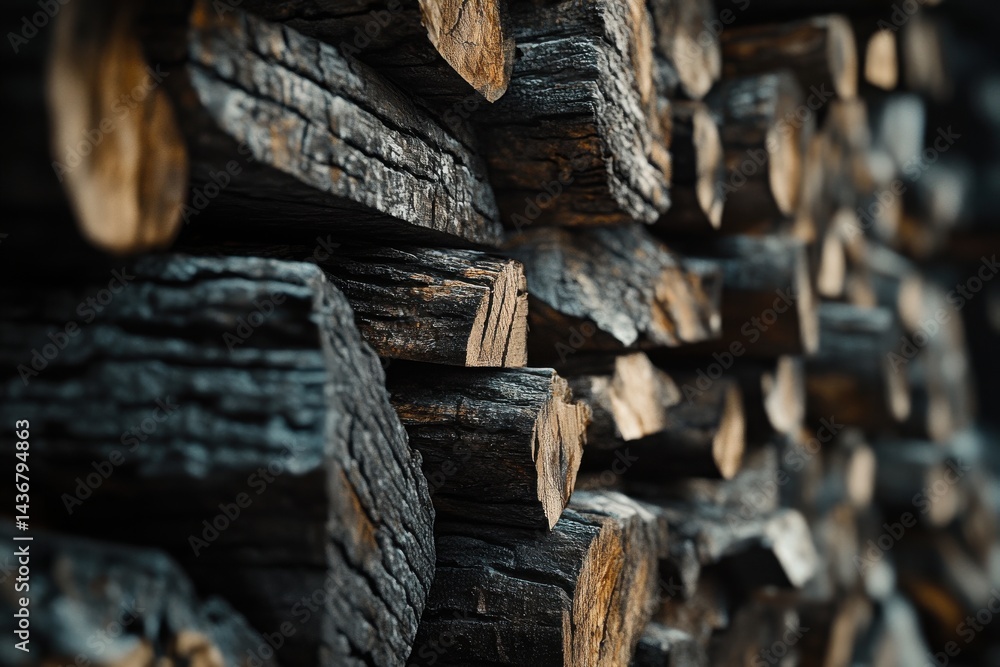 Poster close-up of neatly stacked dark wooden logs, showcasing textures and natural patterns.