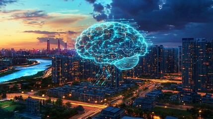 A glowing brain hovering over a city skyline at dusk with river and light trails visible below it