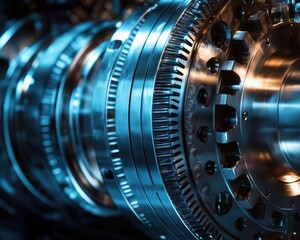 Close-up of shiny metallic gears and machinery components in blue lighting, showcasing intricate details.