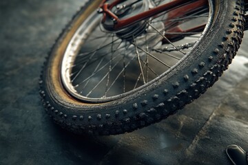 Close-up of a rugged bike tire showcasing its textured surface and durable design in a gritty urban setting.