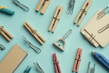 Fototapeta premium Colorful collection of stationery items including wooden clothespins and paper clips on a teal background.