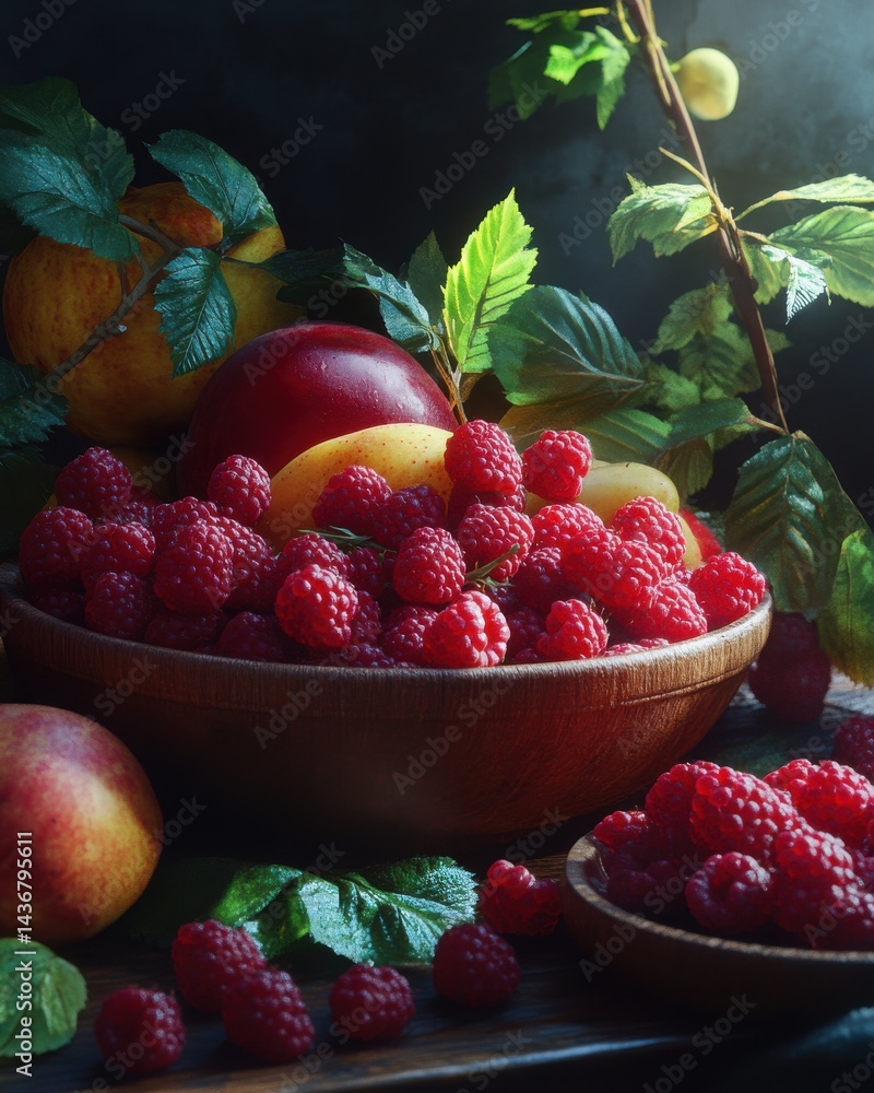 Poster a vibrant display of fresh raspberries and apples in natural light, creating a rustic and appetizing
