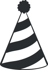 Black and white striped party hat with pompom on top for birthday or celebration events