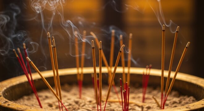 Incense Sticks Burning with Smoke in Temple Tranquil Atmosphere