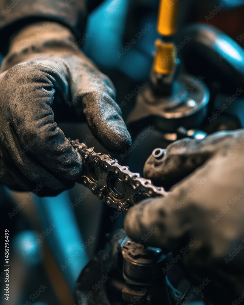 Poster close-up of hands working on a bicycle chain in a dimly lit workshop.
