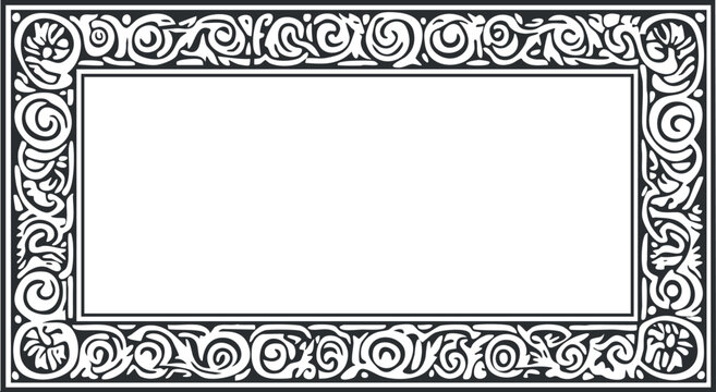 Decorative vintage rectangular frame with ornate black and white floral scroll design border
