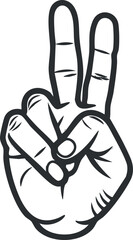 Black and white illustration of a hand showing the peace or victory sign with two fingers raised.