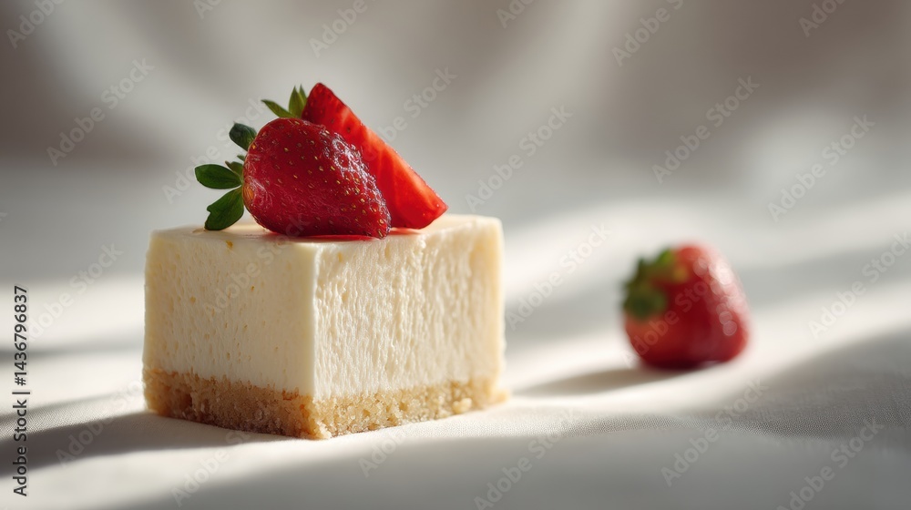 Poster delicate cheesecake slice with fresh strawberry on a white background showcasing simple elegance and