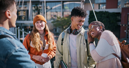 Happy, group and friends as students outdoor for university break, laughing and comic discussion of reunion. Smile, people and college for education, bonding together and diversity of social learning