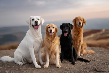 Four dogs of various colors sit together in an outdoor scenic hilltop location.