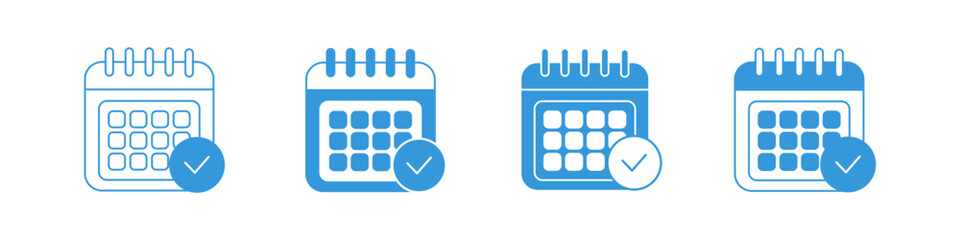 Set of blue calendar icons representing organization, scheduling, planning, events, and date management in a simple modern design.