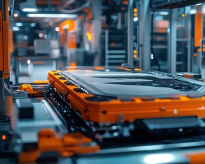 Fototapeta premium Close-up of an advanced orange and black industrial machine component in a high-tech manufacturing setting.