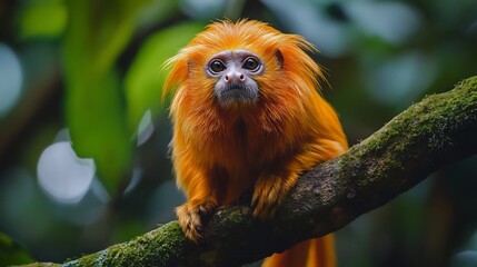 Stunning golden lion tamarin perched on a mossy tree branch vibrant orange fur glowing under the dense rainforest canopy ultra HD wildlife portrait