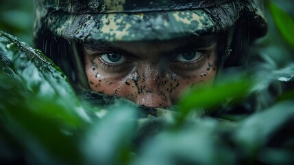A soldier's determined face emerges from the dense, green foliage with intense eyes, ready for battle.